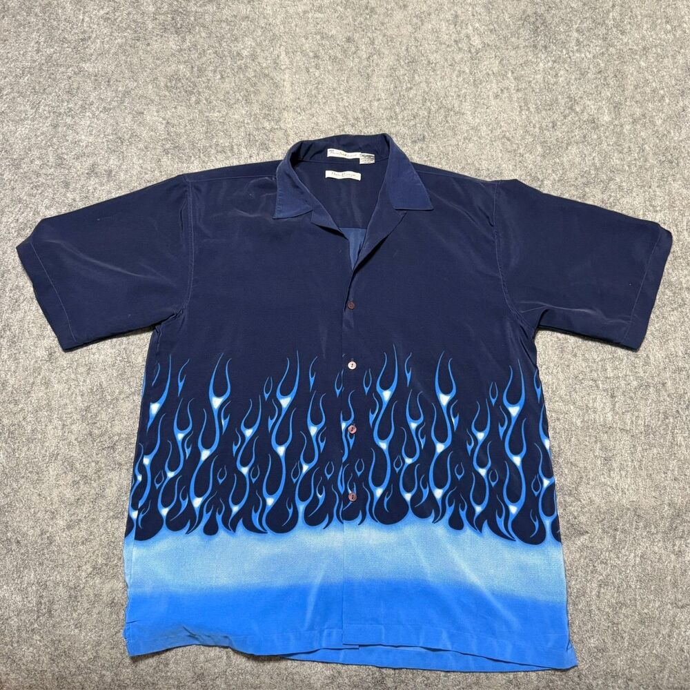 Vintage Y2K Moda Bianco Blue Flames Button Down Shirt Micro Peach Finish Mens L